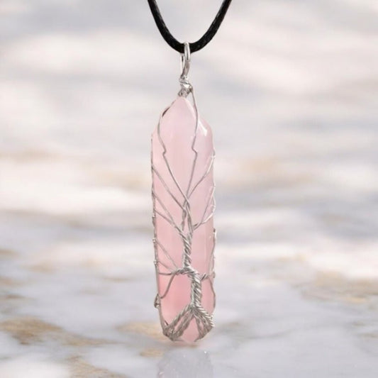 Schwarze Halskette mit silberverziertem Rosenquarz Doppelender - CrystalScents