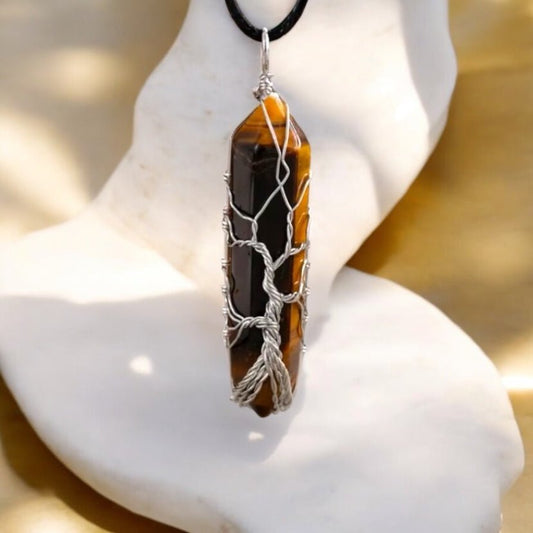 Schwarze Halskette mit silberverziertem Tigerauge Doppelender - CrystalScents