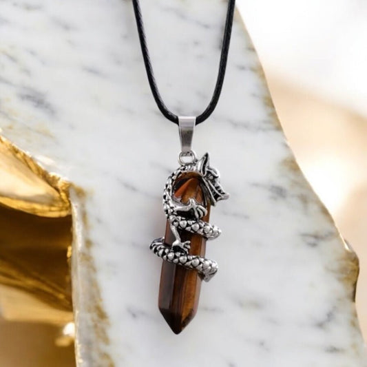 Schwarze Halskette mit Tigerauge Doppelender, Drache - CrystalScents