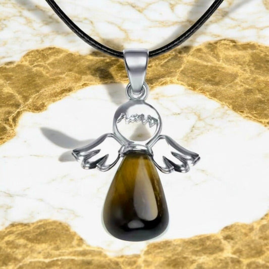 Schwarze Halskette mit Tigerauge Engel - CrystalScents