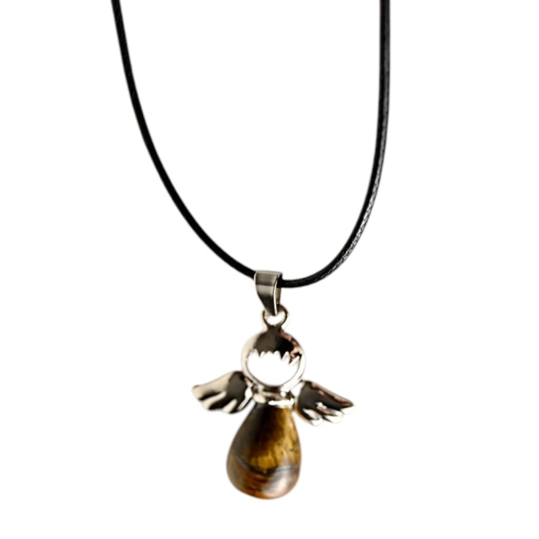 Schwarze Halskette mit Tigerauge Engel - CrystalScents