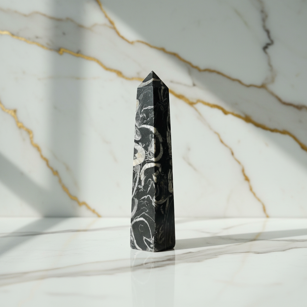 Schwarzer Muschel-Jaspis Obelisk Marmor 9