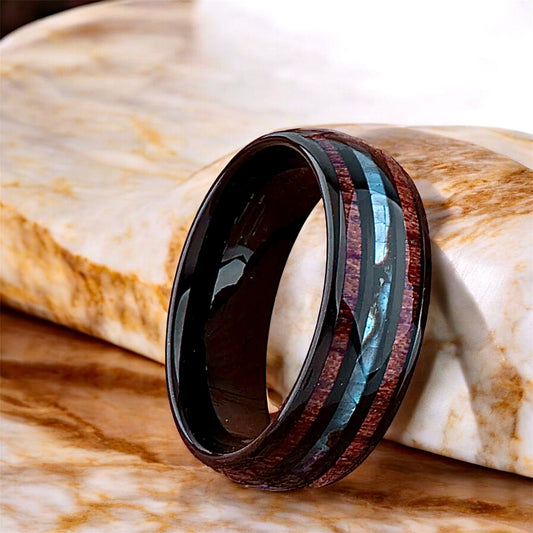 Schwarzer Ring mit Holzmaserung und Blau - CrystalScents