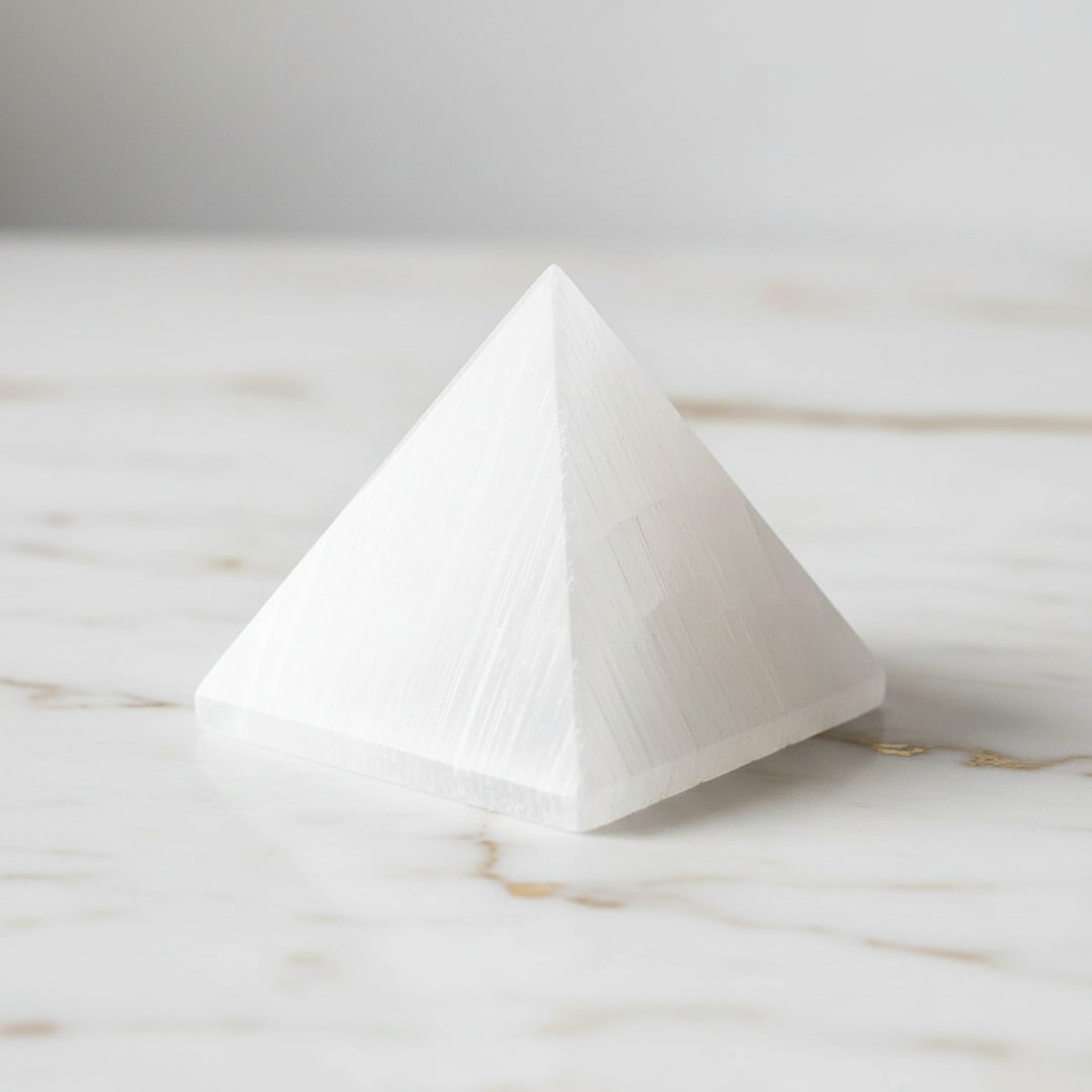Selenit-Pyramide Marmor rotiert
