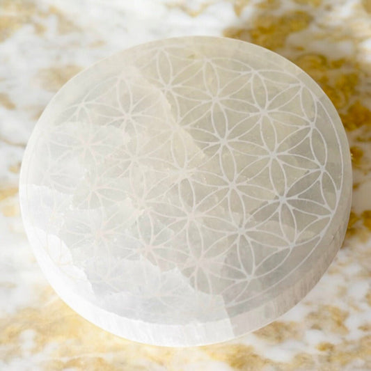 Selenit Scheibe „Blume des Lebens“ - CrystalScents