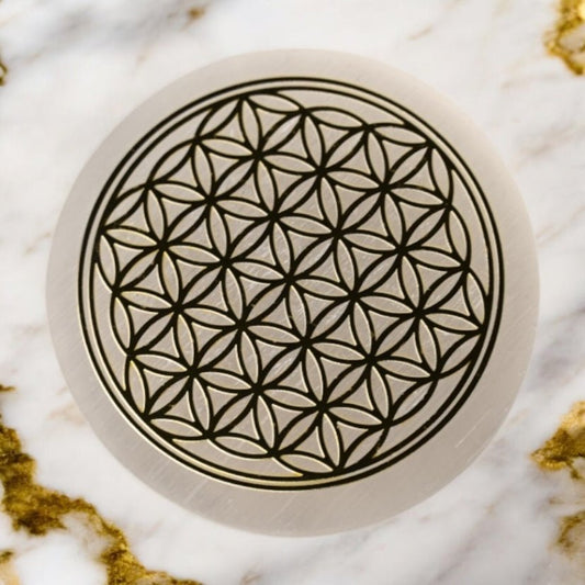 Selenit Scheibe „Blume des Lebens“ Gold - CrystalScents