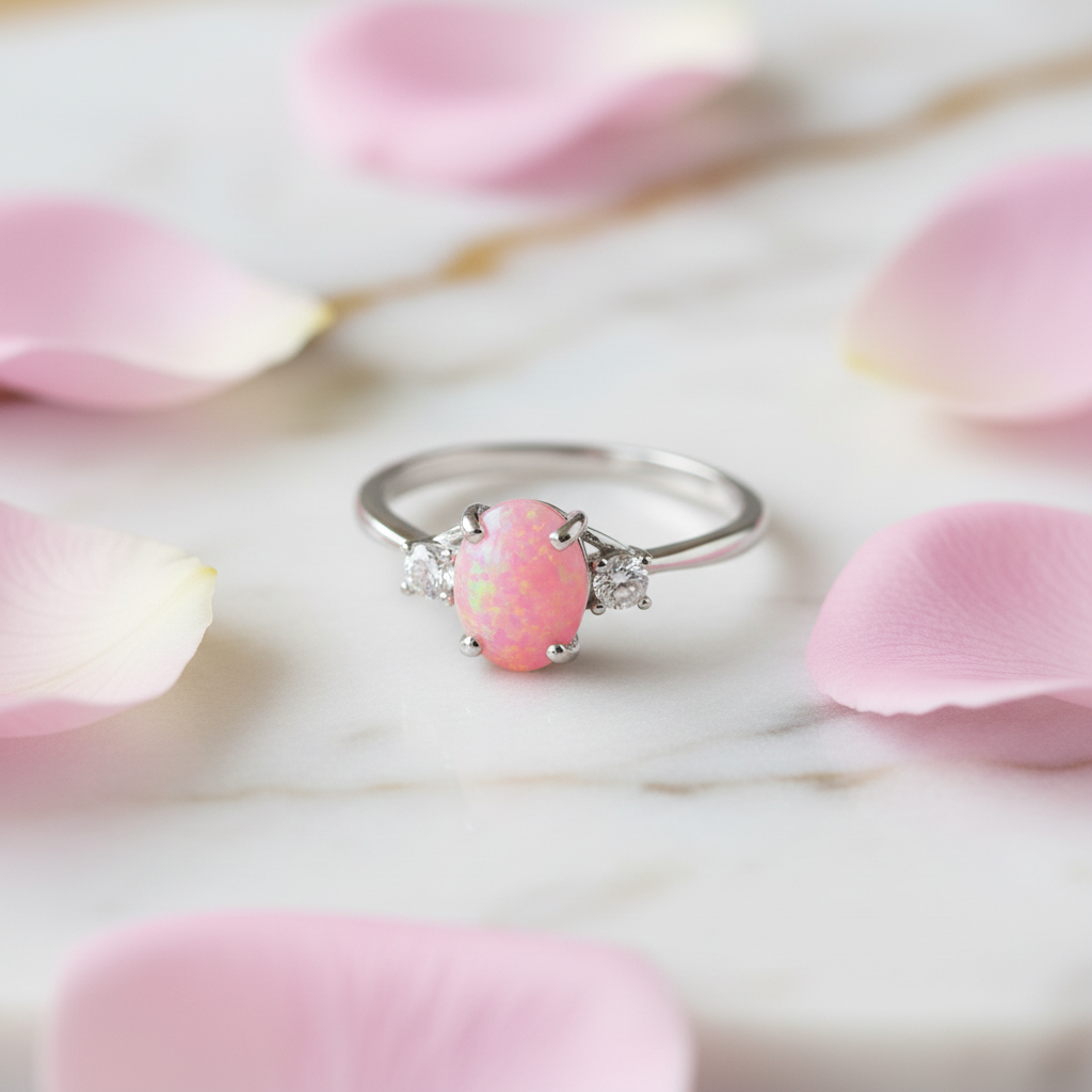 Silber Opal Ring mit rosa Rosenblüten - Nahaufnahme