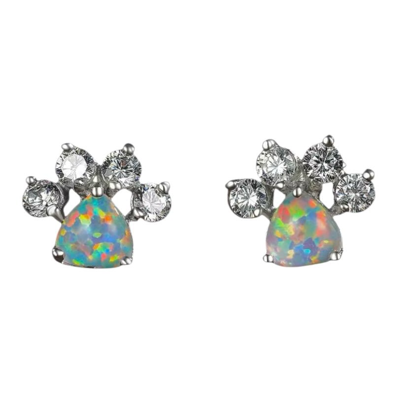 Silberne funkelnde Ohrstecker mit Opal „Pfote“ - CrystalScents