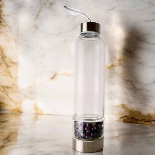 Silberne Trinkflasche mit Amethyst - Trommelsteinen - CrystalScents