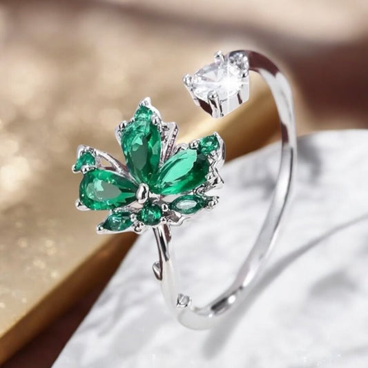 Silberner offener Ring mit Ahornblatt; Grün - CrystalScents