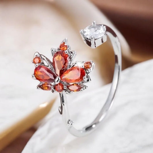 Silberner offener Ring mit Ahornblatt; Orange - CrystalScents