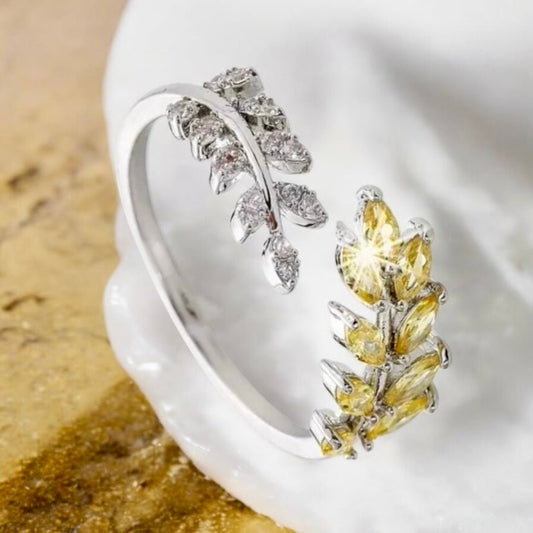 Silberner offener Ring mit Blättern; Champagner - CrystalScents