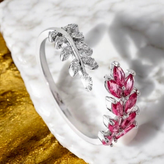 Silberner offener Ring mit Blättern; Rot - CrystalScents
