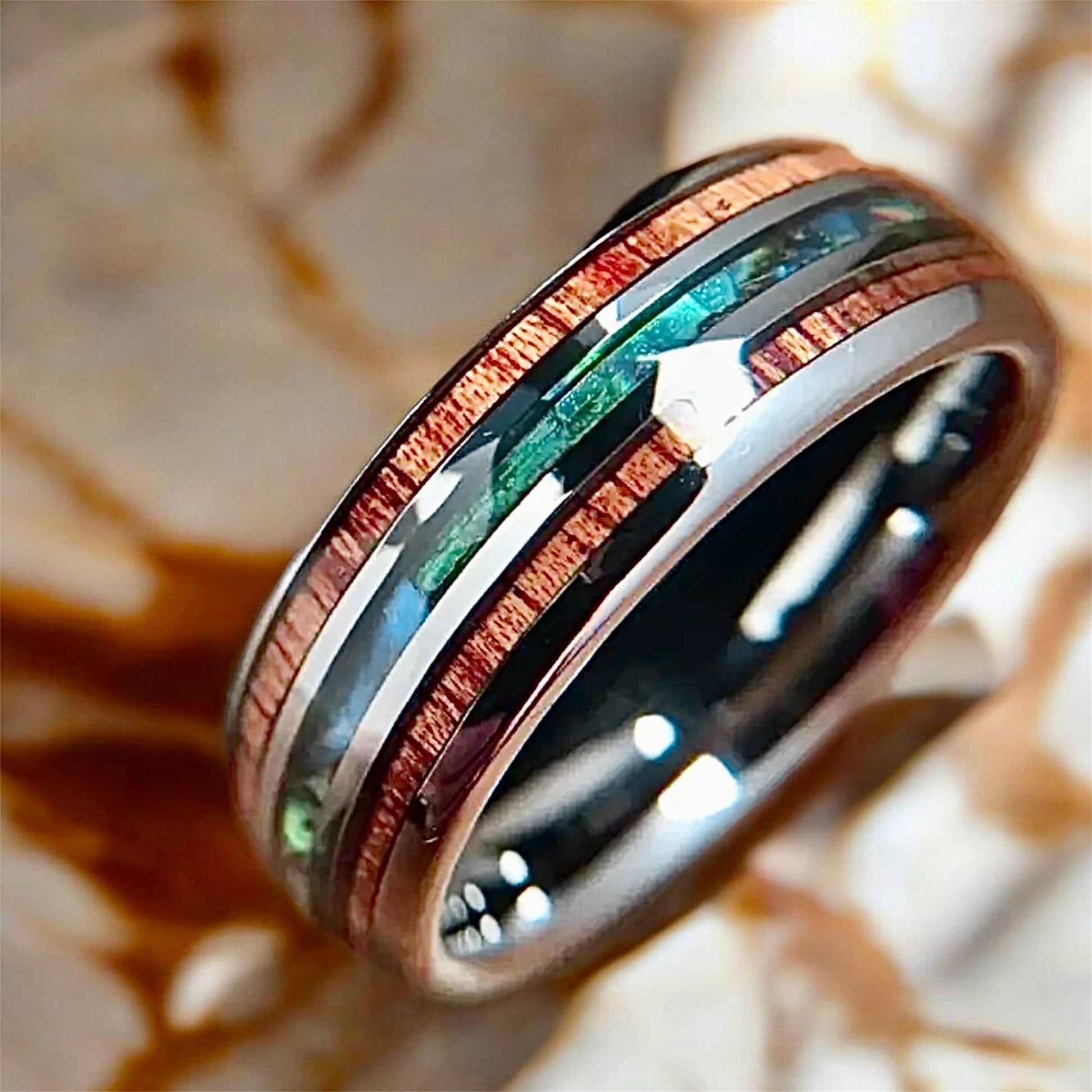 Silberner Ring mit Holzmaserung und Blau - CrystalScents