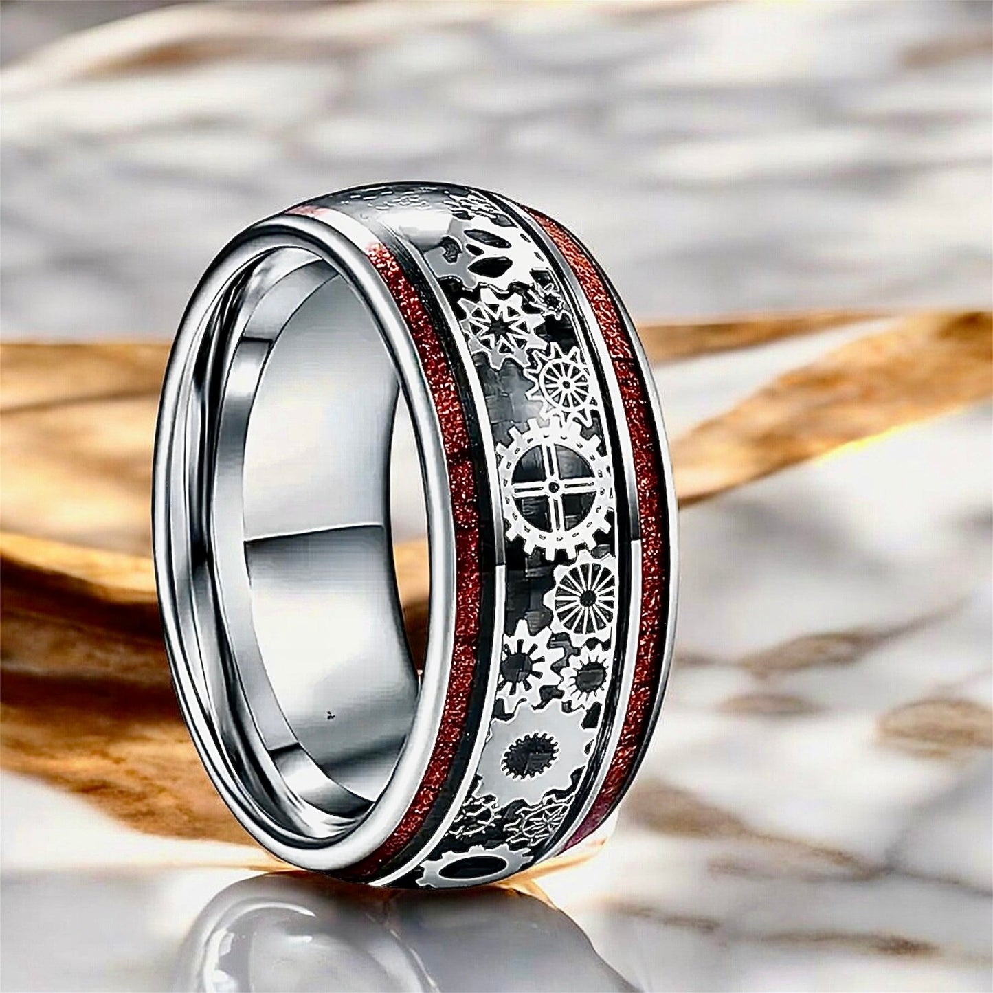 Silberner Ring mit Holzmaserung und Zahnrädern - CrystalScents