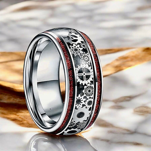 Silberner Ring mit Holzmaserung und Zahnrädern - CrystalScents