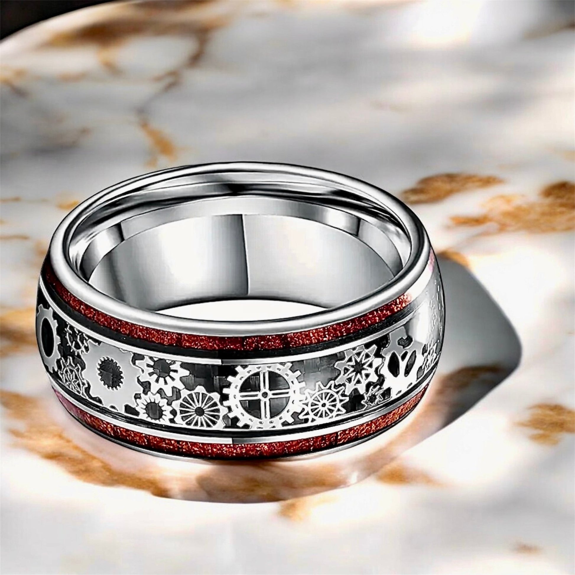 Silberner Ring mit Holzmaserung und Zahnrädern - CrystalScents