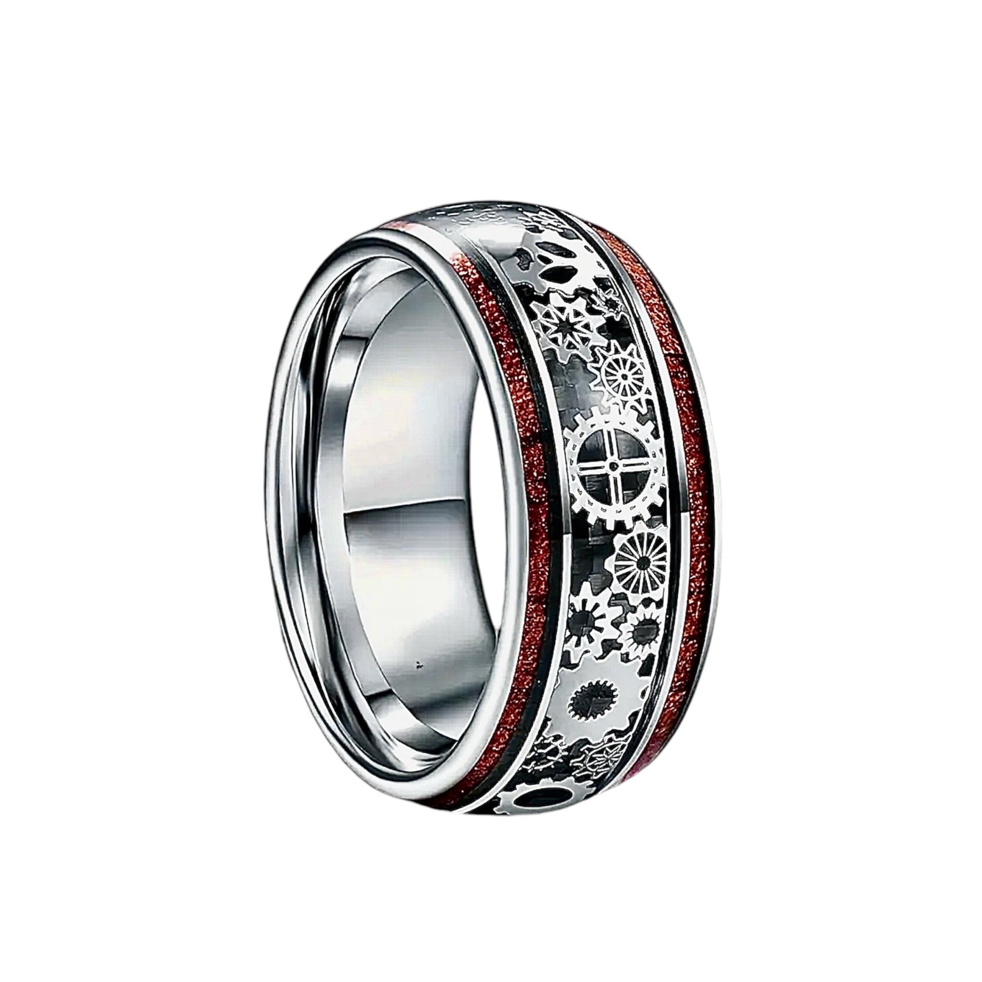 Silberner Ring mit Holzmaserung und Zahnrädern - CrystalScents