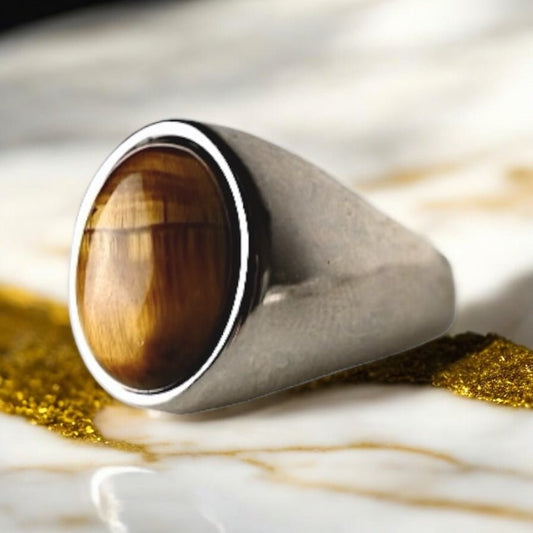 Silberner Ring mit ovalem großem Tigerauge - CrystalScents