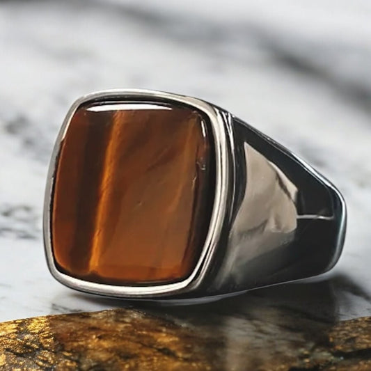 Silberner Ring mit quadratischem großem Tigerauge - CrystalScents