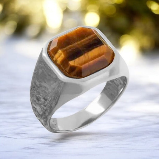 Silberner Ring mit quadratischem Tigerauge - CrystalScents