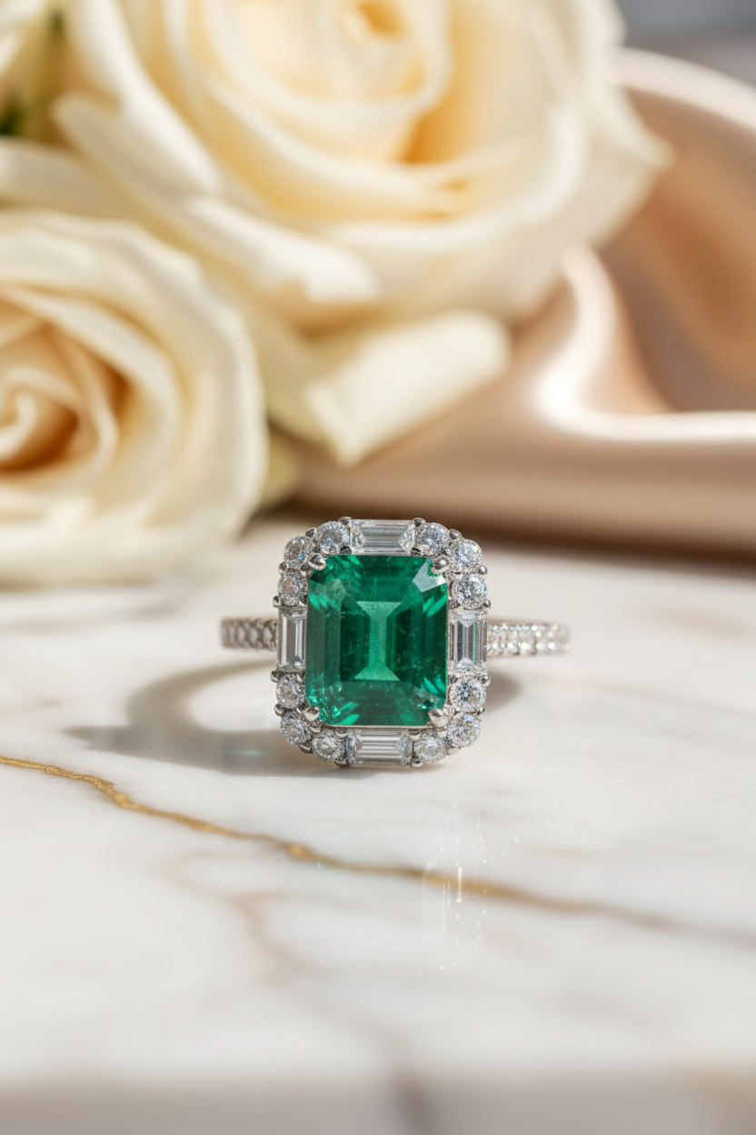Smaragdring Nahaufnahme auf Hochzeitstisch 4