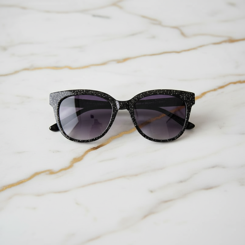 Sonnenbrille auf weiß-goldenem Marmor