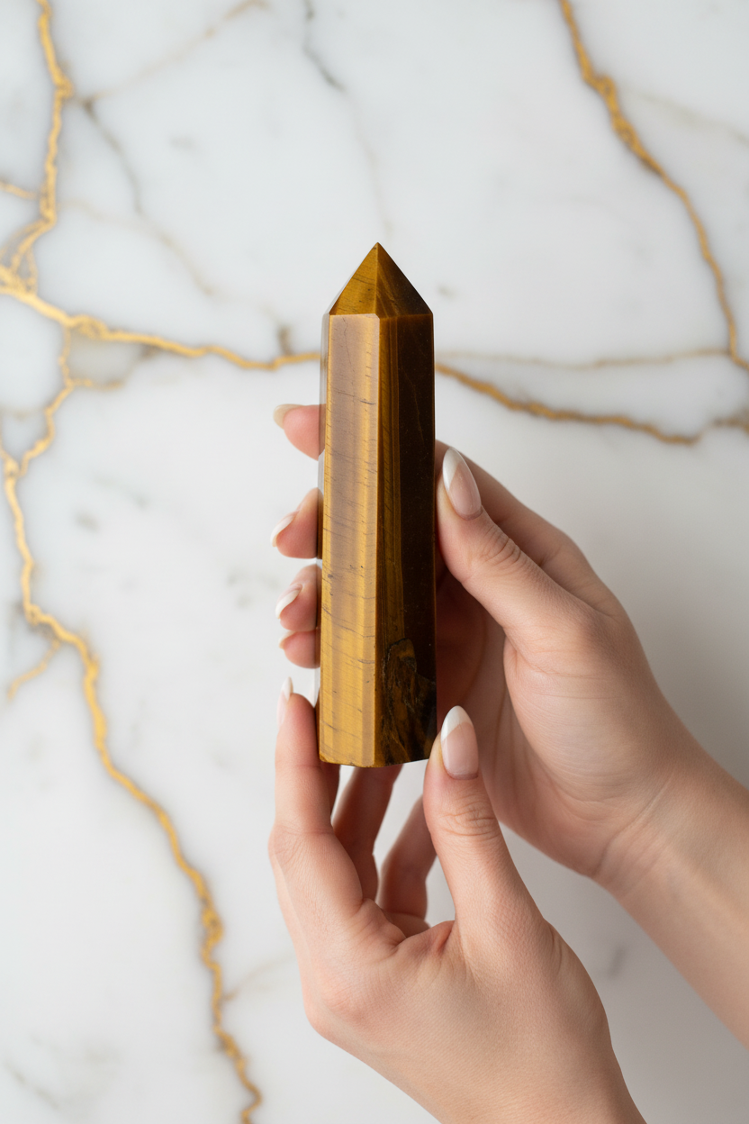 Tiger eye obelisk in hands