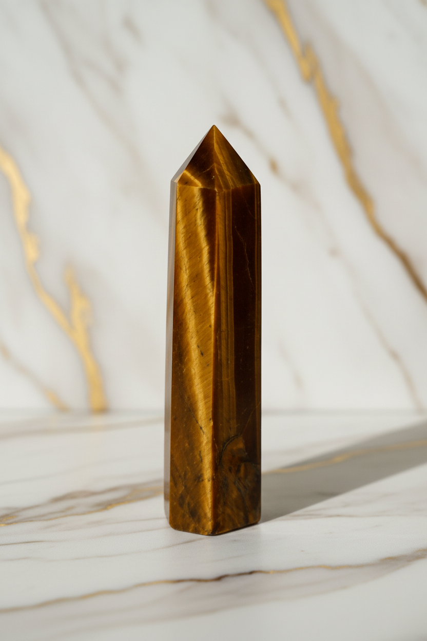 Tiger eye obelisk on marble