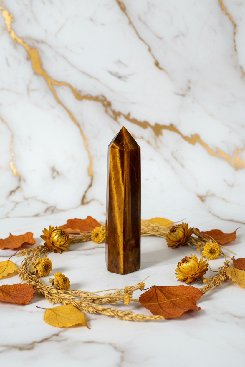 Tiger eye obelisk with golden flowers
