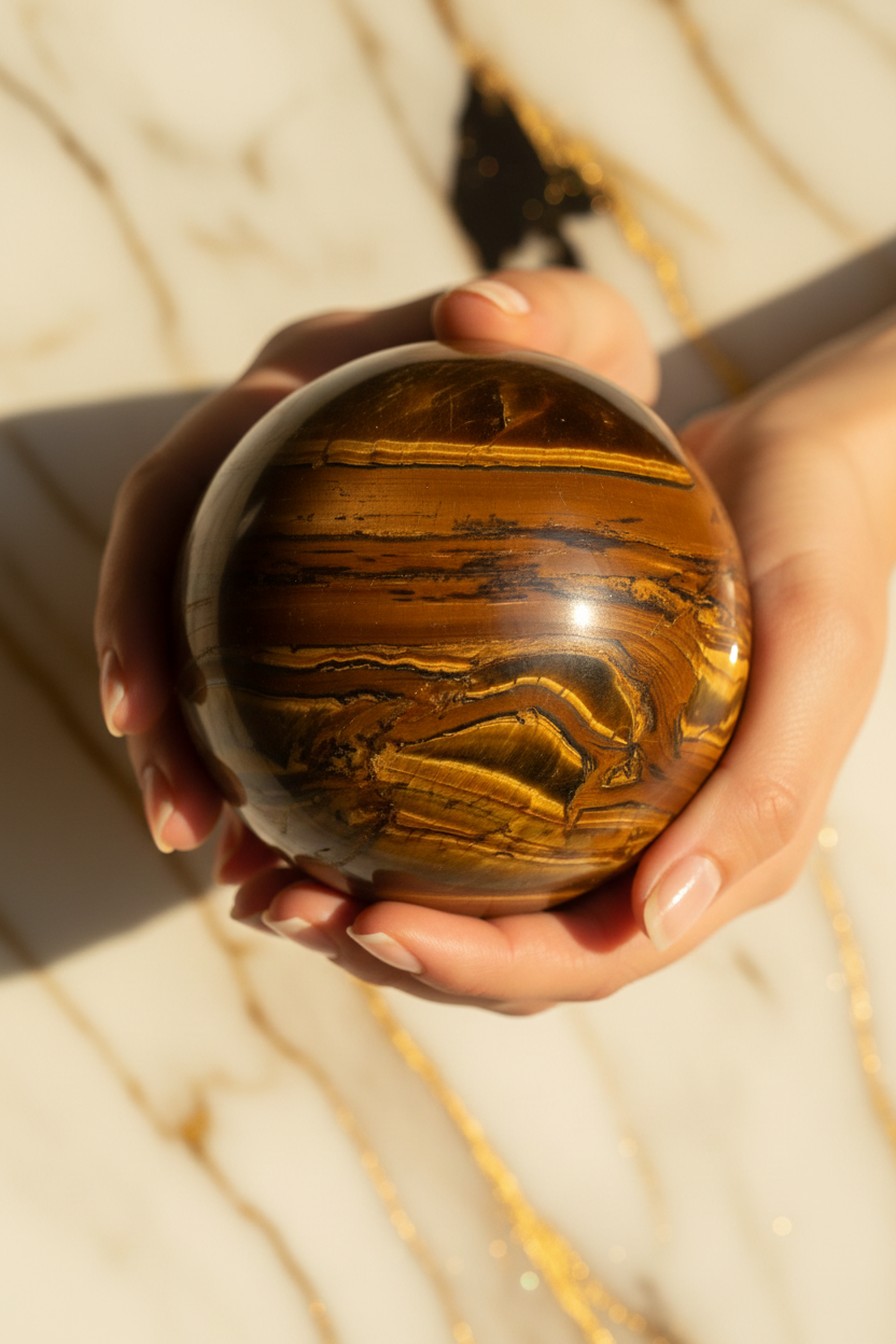 Tiger eye sphere in hands