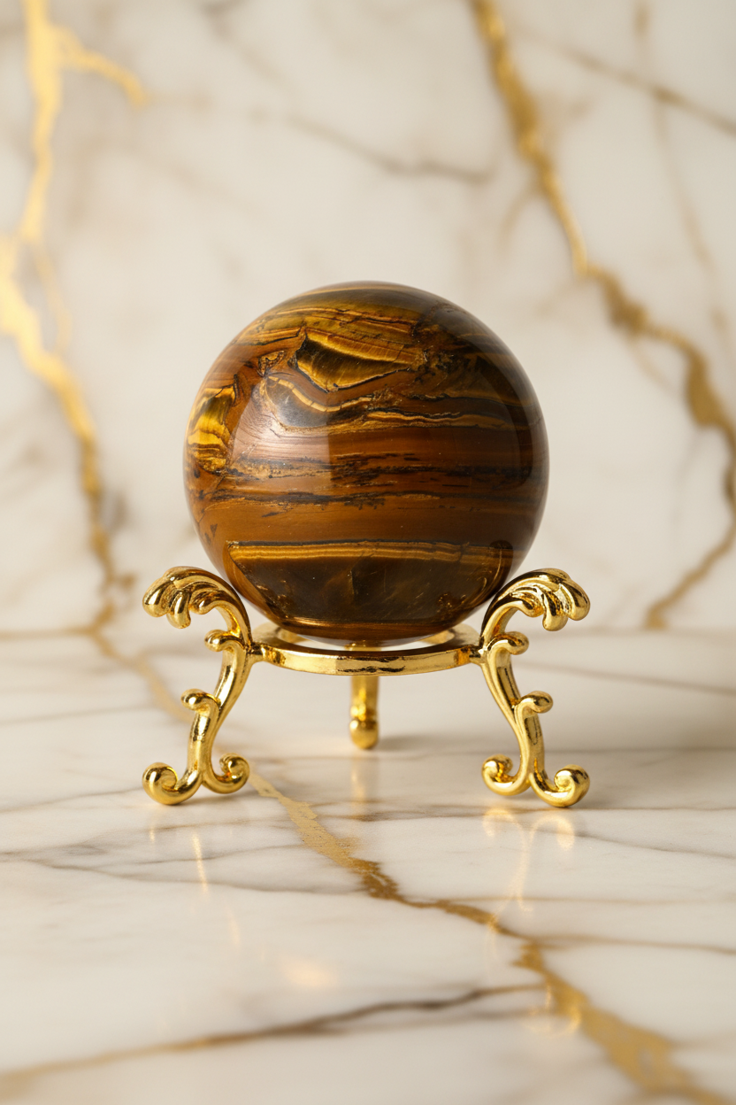 Tiger eye sphere on golden stand
