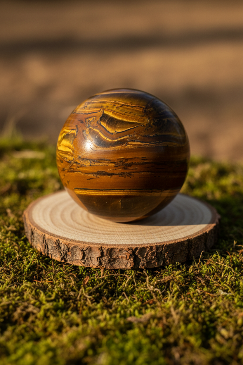 Tiger eye sphere on wooden slice with moss