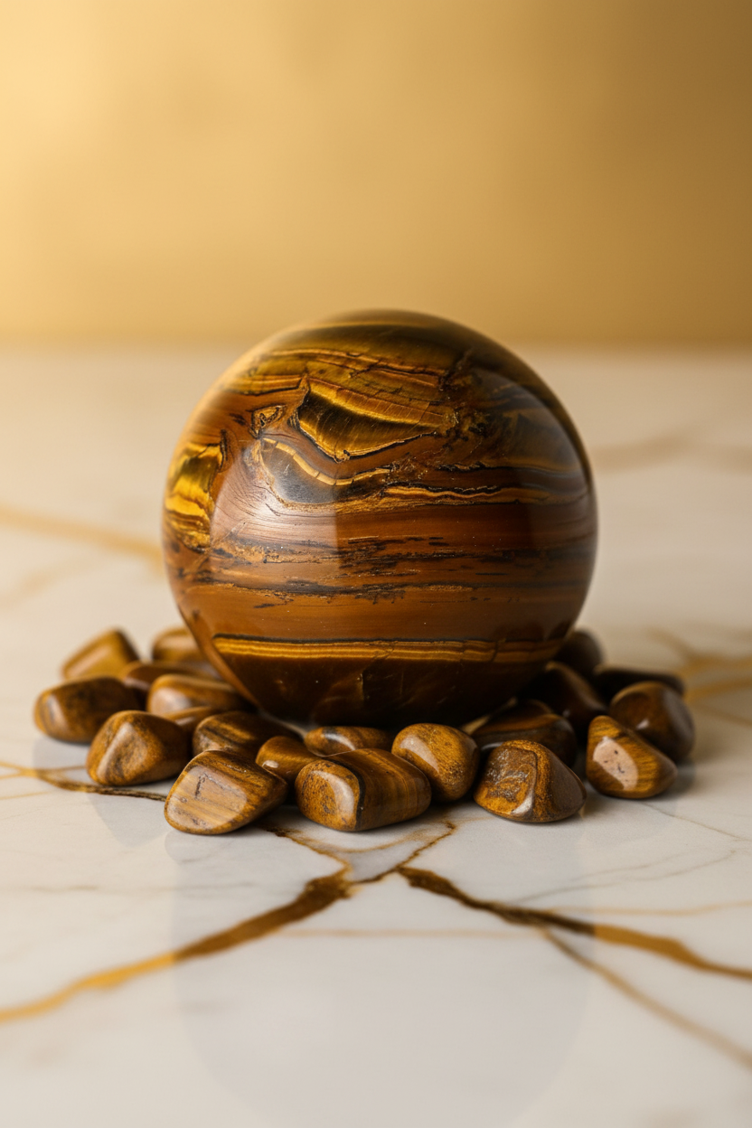 Tiger eye sphere with tumbled stones