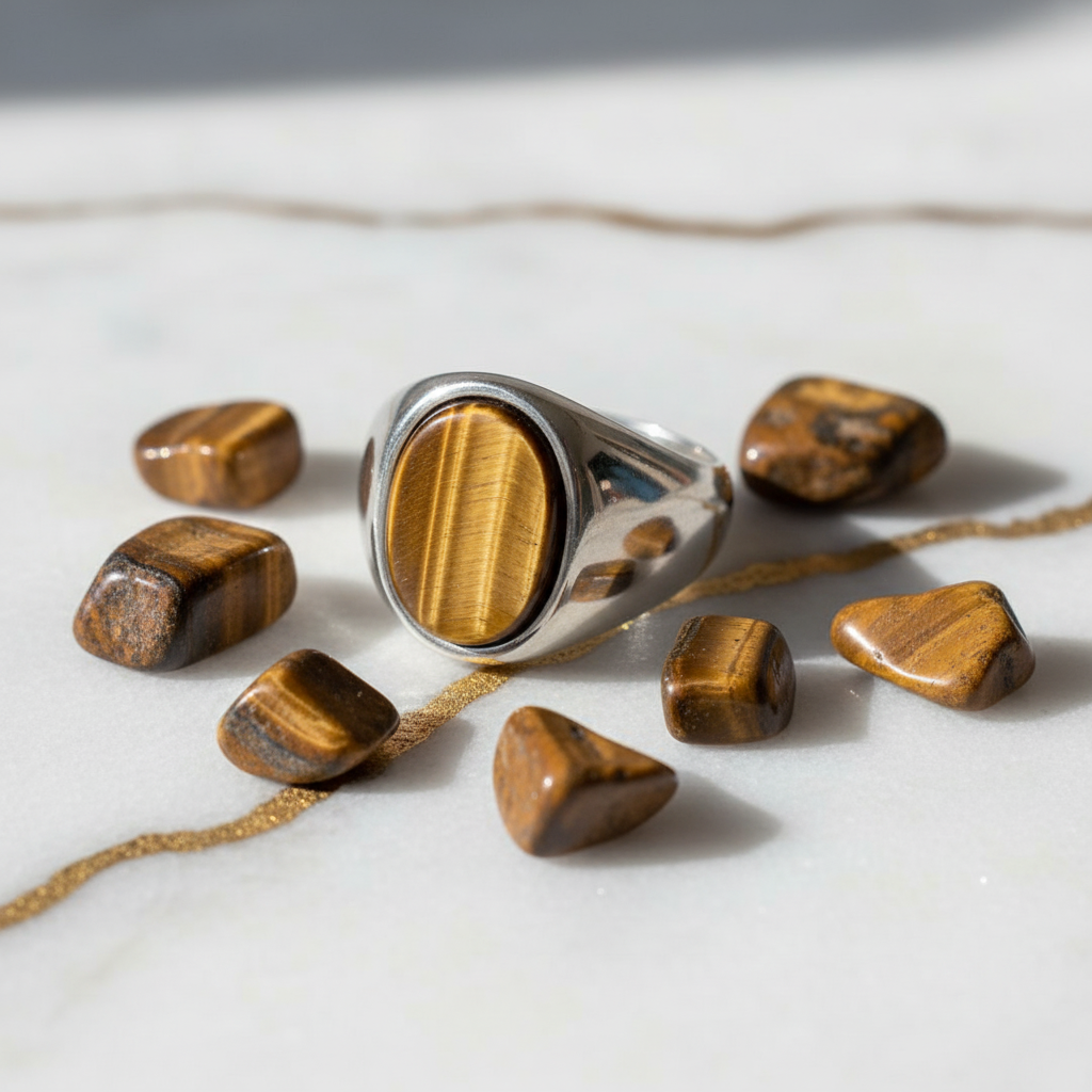 Tigerauge Ring Silber mit Trommelsteinen