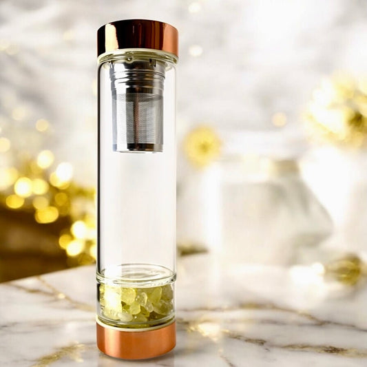 Trinkflasche aus Glas mit roségoldenem Verschluss; Citrin - CrystalScents