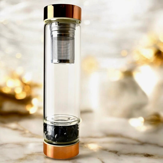 Trinkflasche aus Glas mit roségoldenem Verschluss; Obsidian - CrystalScents