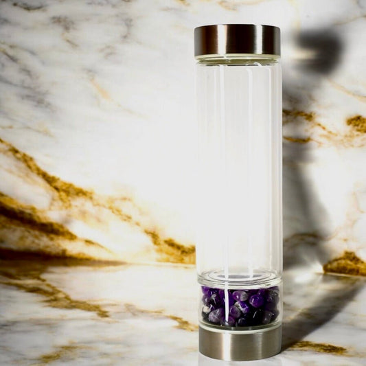 Trinkflasche Silber mit Trommelsteinen; Amethyst - CrystalScents