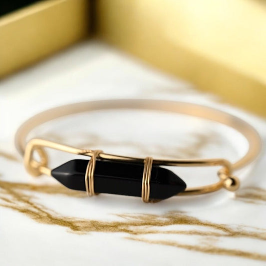 Verschließbarer goldener Armreif mit Obsidian - Doppelender - CrystalScents