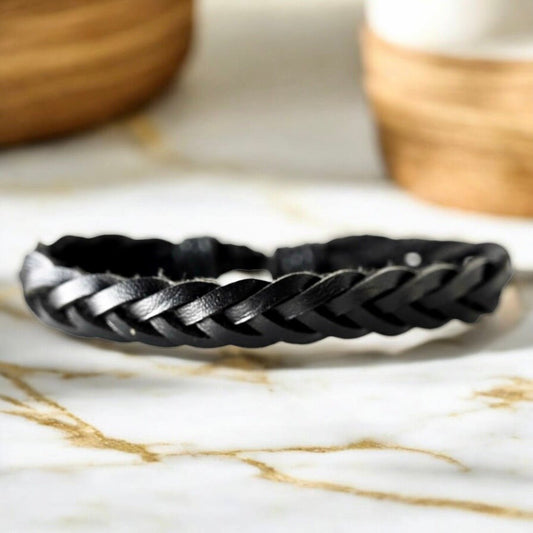 Verstellbares geflochtenes Lederarmband, schwarz - CrystalScents