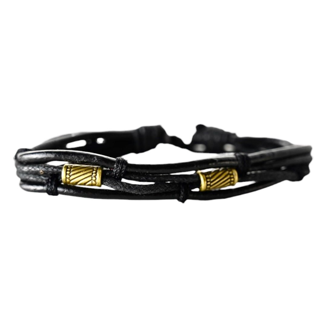 Verstellbares schwarzes Lederarmband mit verbundenen Strängen und Goldelementen - CrystalScents