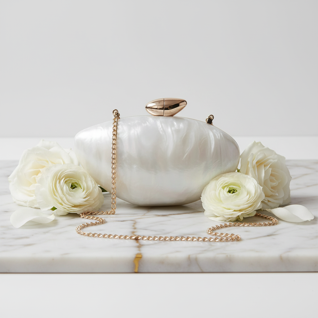 Weiße Perlmutt-Clutch mit weißen Blumen 3