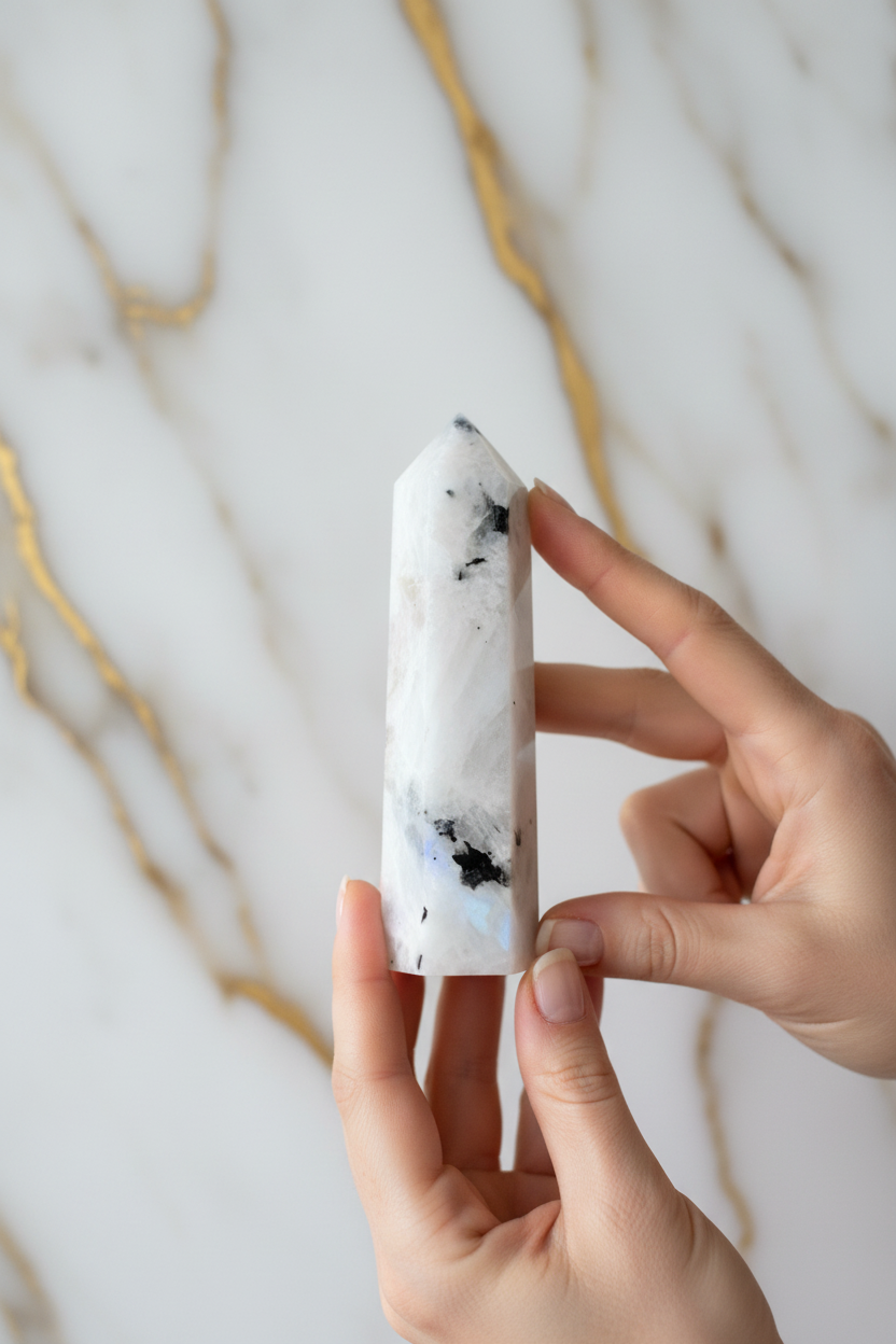 White rainbow moonstone obelisk in hands