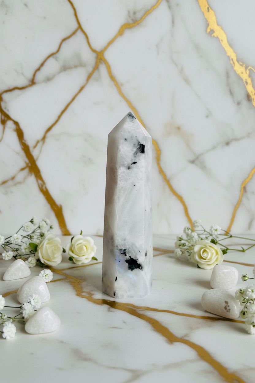 White rainbow moonstone obelisk with stones